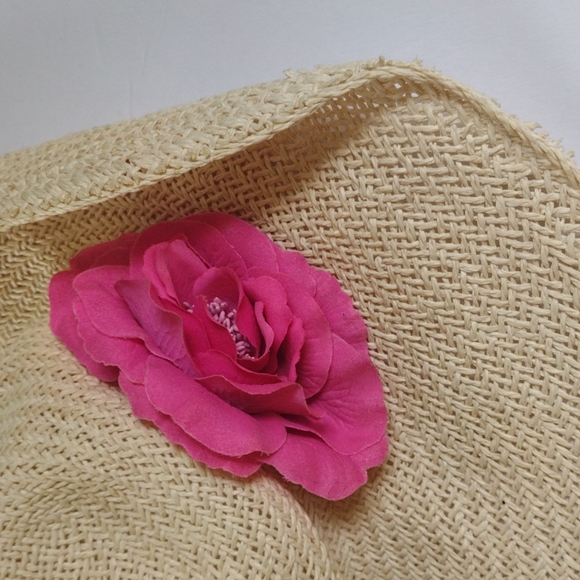 Claire's Straw Beach Hat w/ Large Pink Rose Pin EUC - Picture 3 of 9